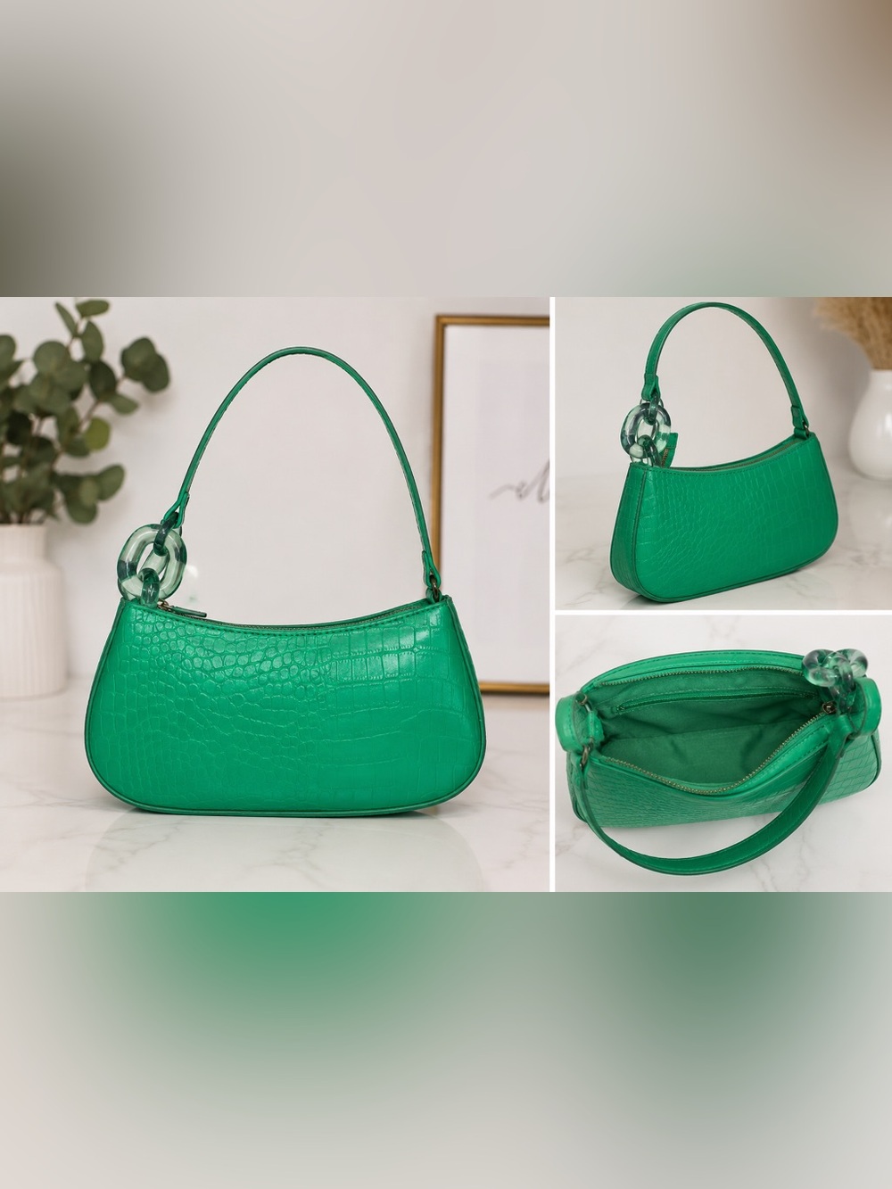 Green Croc Embossed Y2K Shoulder Bag with Chunky Chain